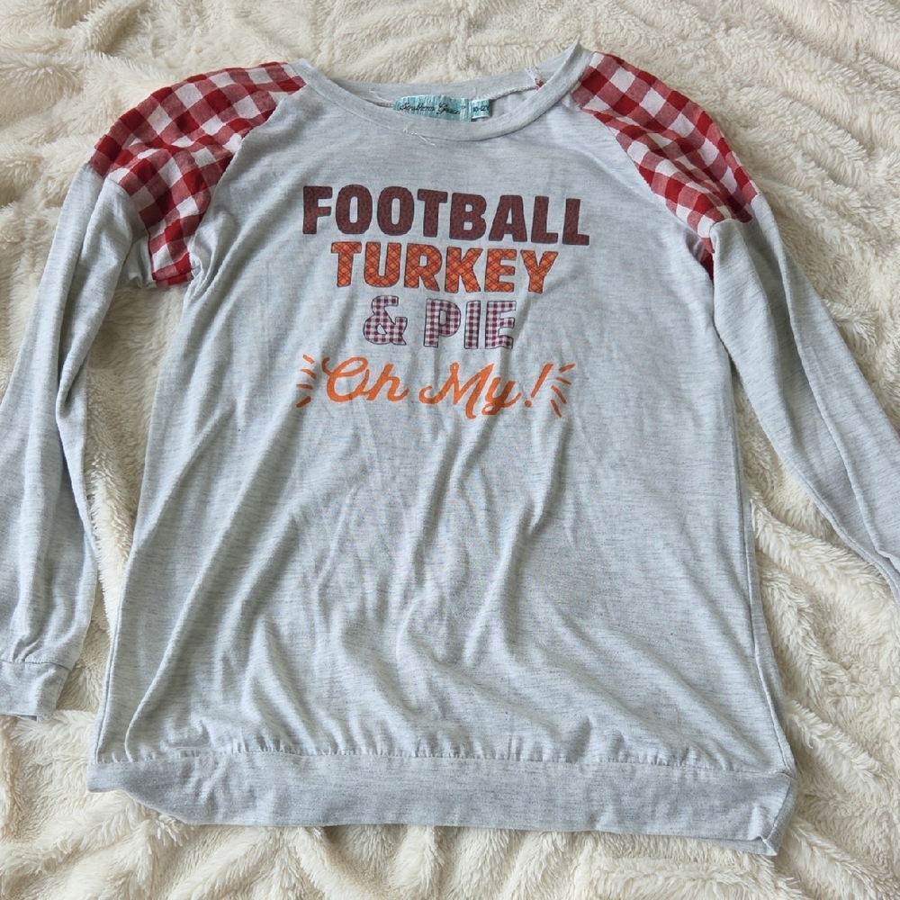 Kids Football Turkey & Pie Shirt - Gray and Red Size 10-12